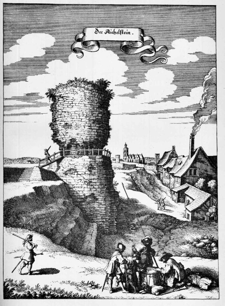 Der Drususstein auf einem Kupferstich von Matthäus Merian, 1646